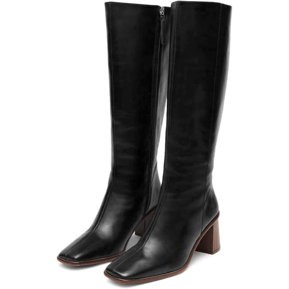 Women's Black Faux Leather Chunky High Heel Tall Boot Fashion Square Toe